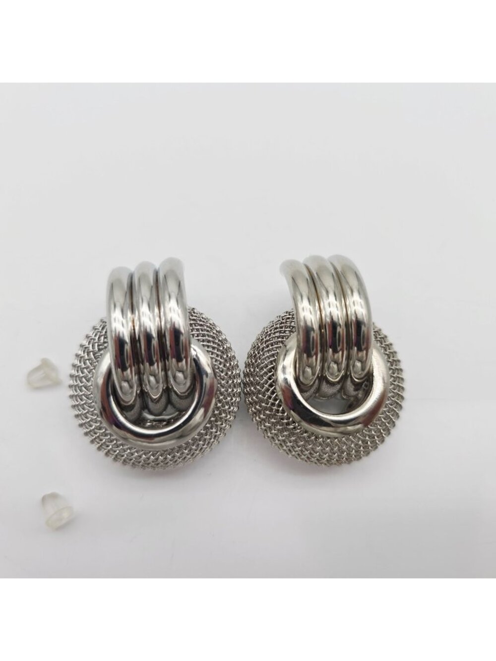 Silver-Tone Mesh Hoop Post Earrings With Backings For Women